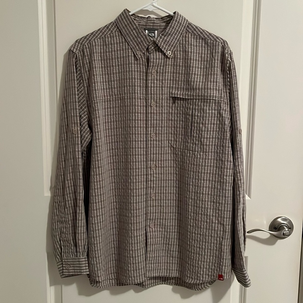 The North Face Brown Checkered Print Button Front Shirt with Zippered Pocket